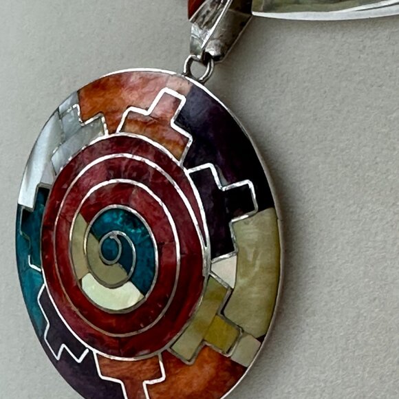 Peruvian 950 Sterling Silver Mosaic Pendant 2” | Turquoise Mother of Pearl Inlay - Picture 13 of 13